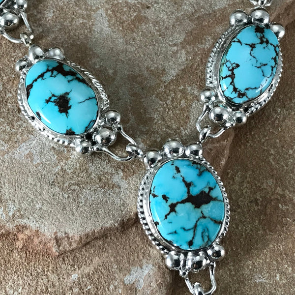 Navajo Sterling Silver & Number 8 Turquoise Lariat Necklace Signed