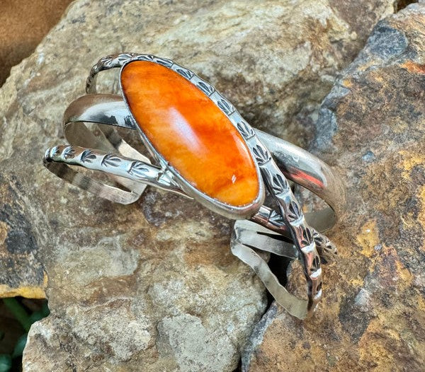 Orange Spiny Oyster Shell Sterling Silver Bracelet