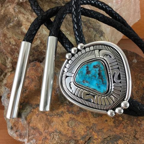 Apache Blue Turquoise Sterling Silver Bolo Tie by Leonard Nez