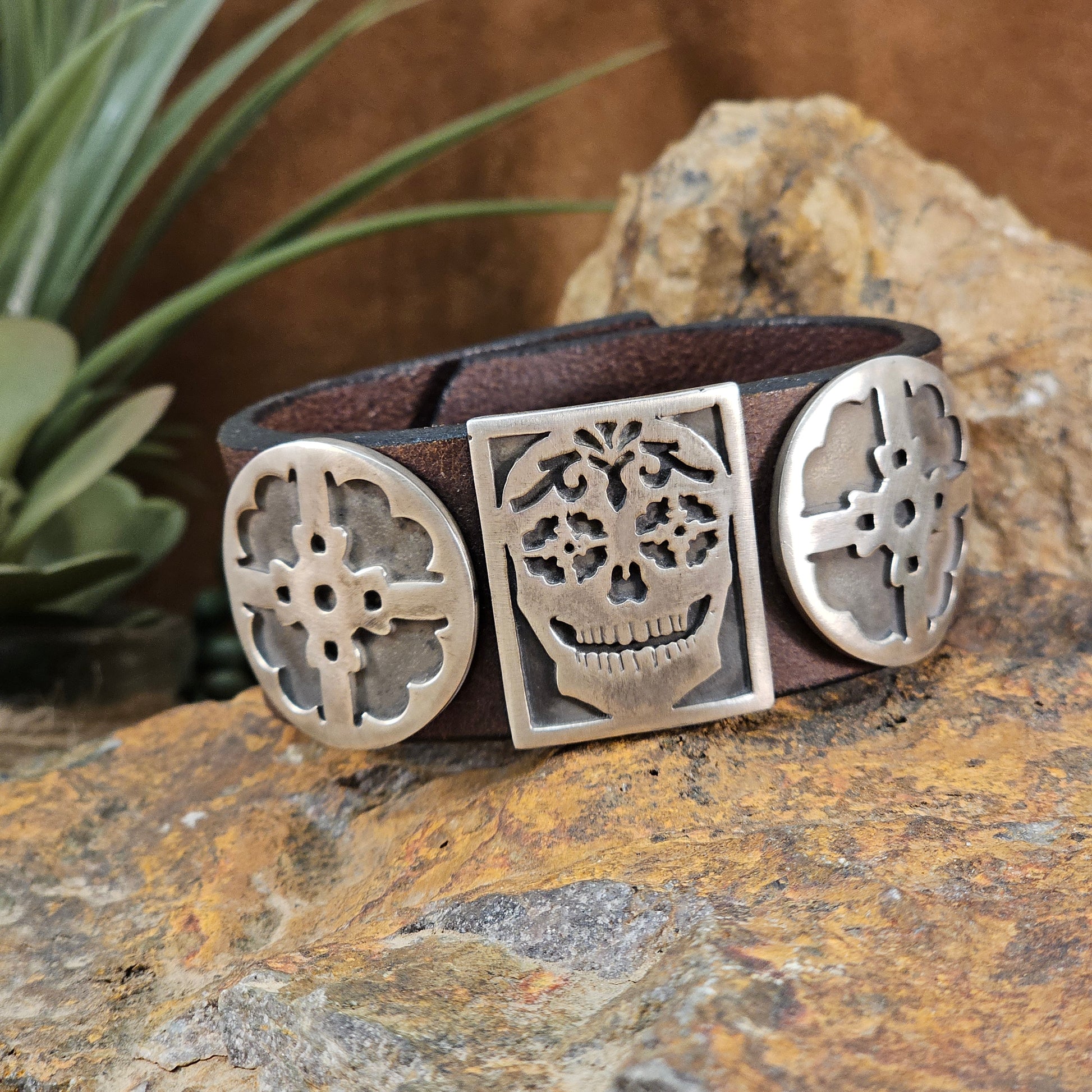 Leather and Silver Bracelet with Skull Design by Dave Rosales