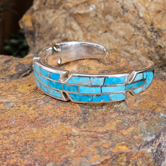 David Rosales Arizona Blue Inlaid Sterling Silver Bracelet - Feather