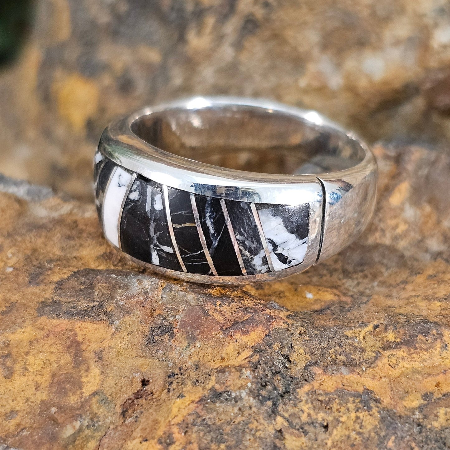 David Rosales White Buffalo Inlaid Sterling Silver Ring