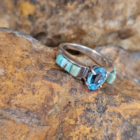 David Rosales Sonoran Gold Turquoise Inlaid Cobble Sterling Silver Ring w/ Blue Topaz