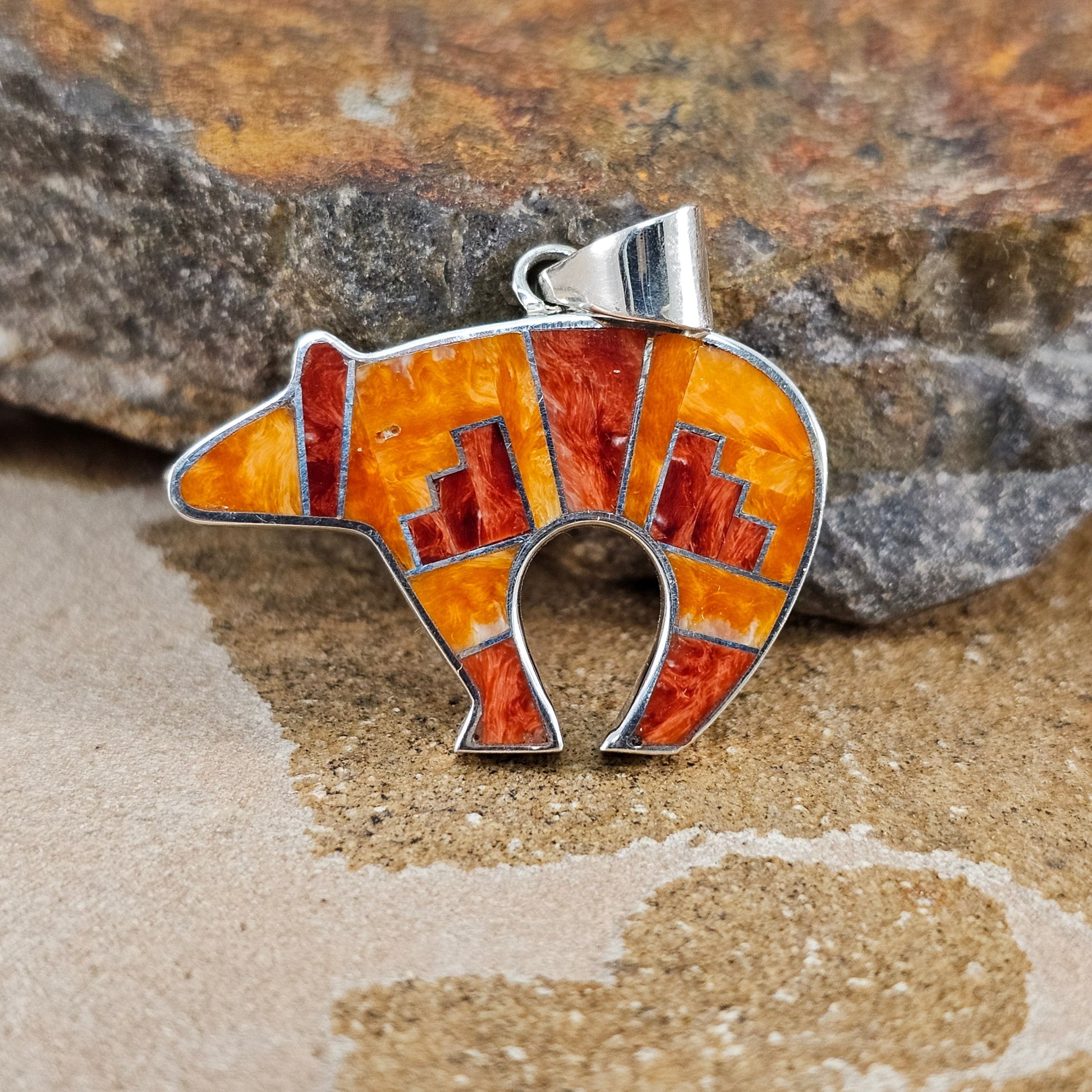 David Rosales Desert Fire Fancy Inlaid Sterling Silver Pendant Bear