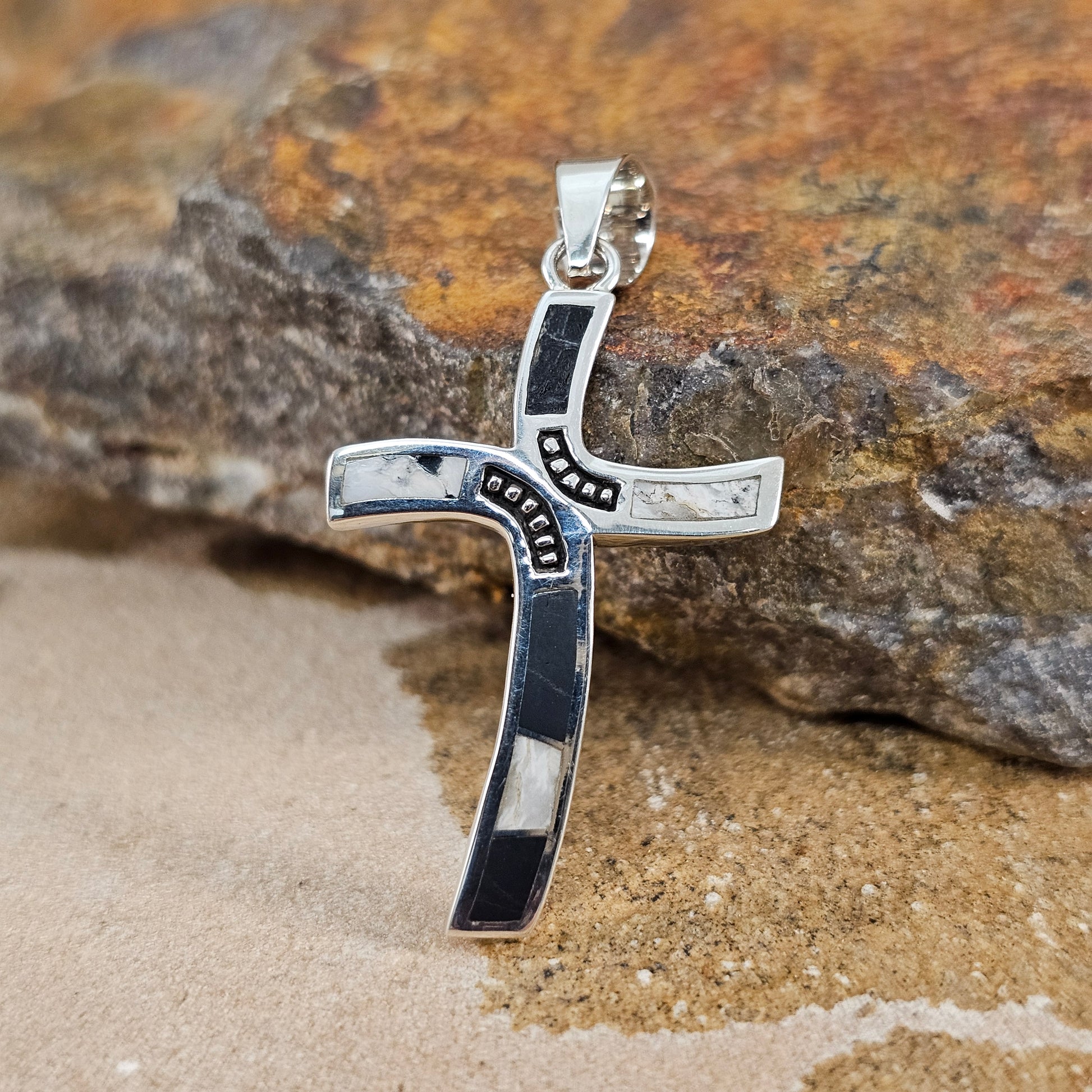 David Rosales White Buffalo Inlaid Sterling Silver Pendant Cross