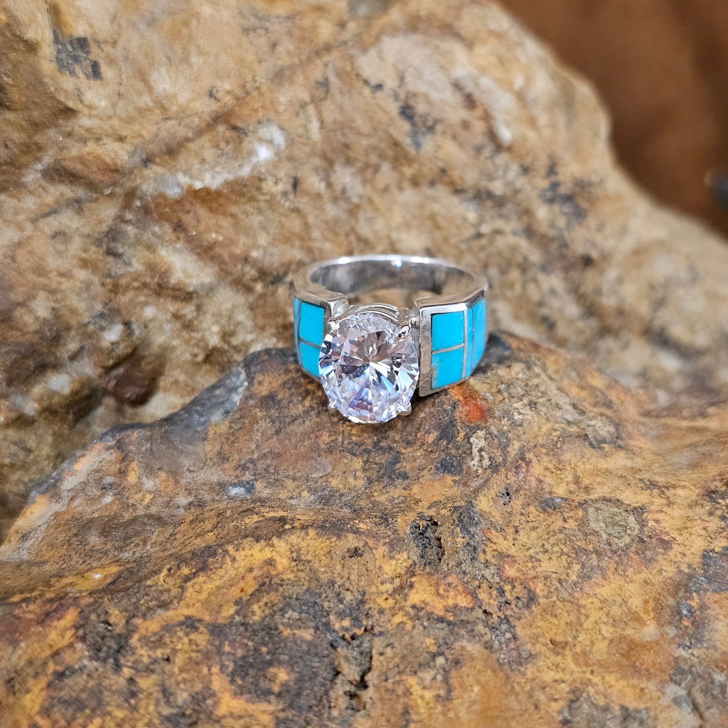 David Rosales Arizona Blue Inlaid Sterling Silver Ring w/ Cubic Zirconia