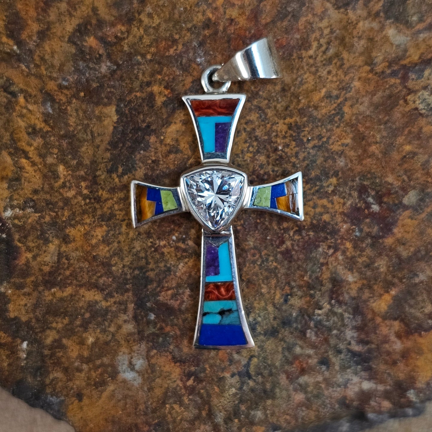 David Rosales Fancy Indian Summer Inlaid Sterling Silver Pendant Cross w/ Cubic Zirconia