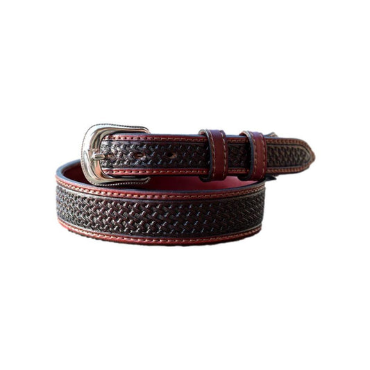 Saddle Brown Basket Hand Tooled Leather Belt Strap