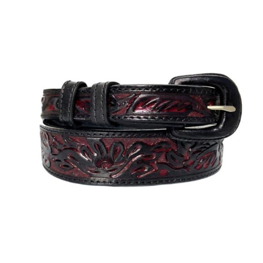 Black Cherry Skived Leaf Hand Tooled Leather Belt Strap