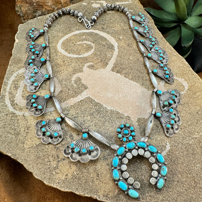 Vintage Navajo Turquoise Silver Squash Blossom Necklace - Estate Jewelry