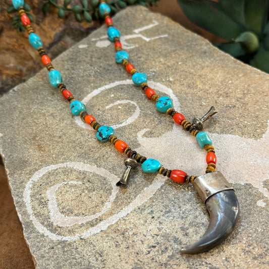 Vintage 28" Turquoise Necklace & Red Coral Heishi Necklace w/ Bear Claw Pendant- Estate Jewelry