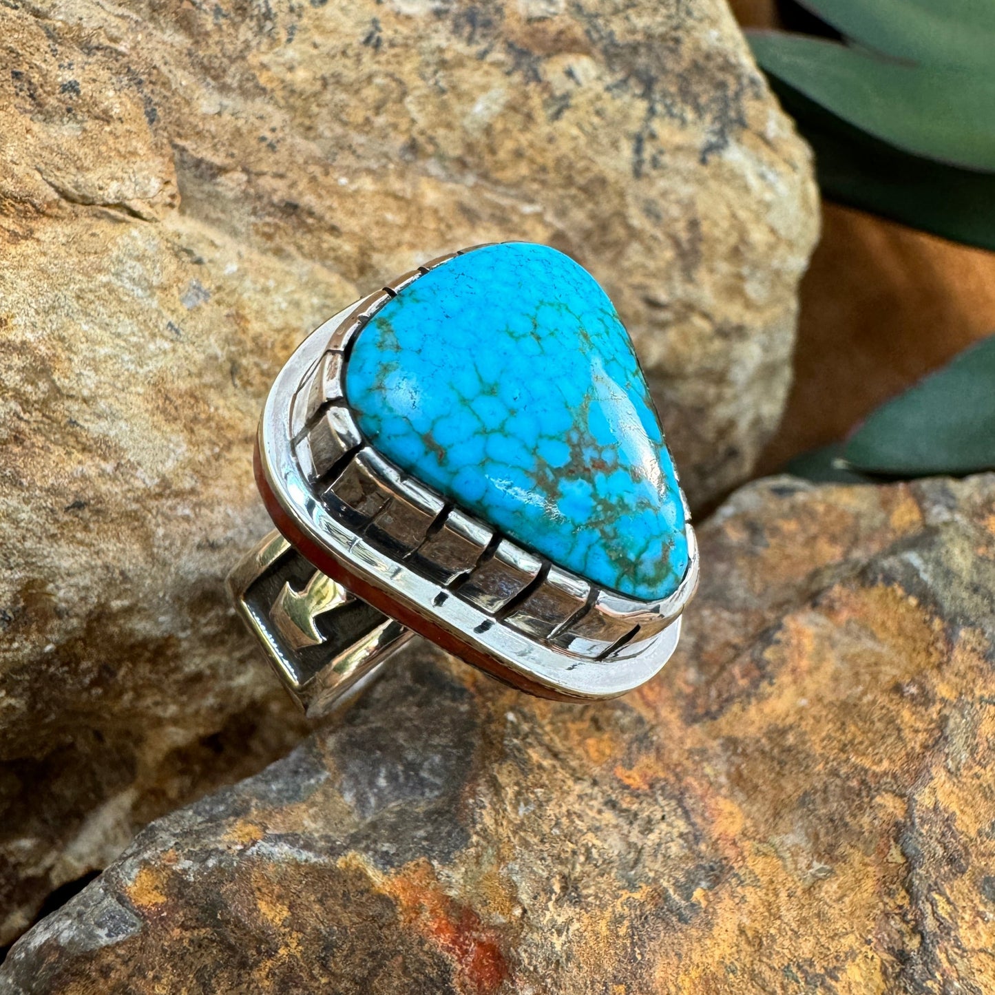 Sterling Silver Kingman Turquoise & Red Mediterranean Coral Ring by Wyatt Begaye