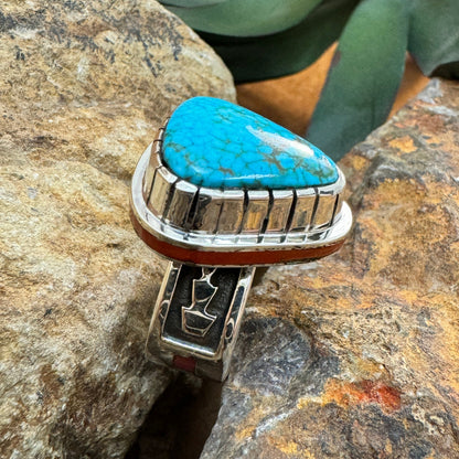 Sterling Silver Kingman Turquoise & Red Mediterranean Coral Ring by Wyatt Begaye