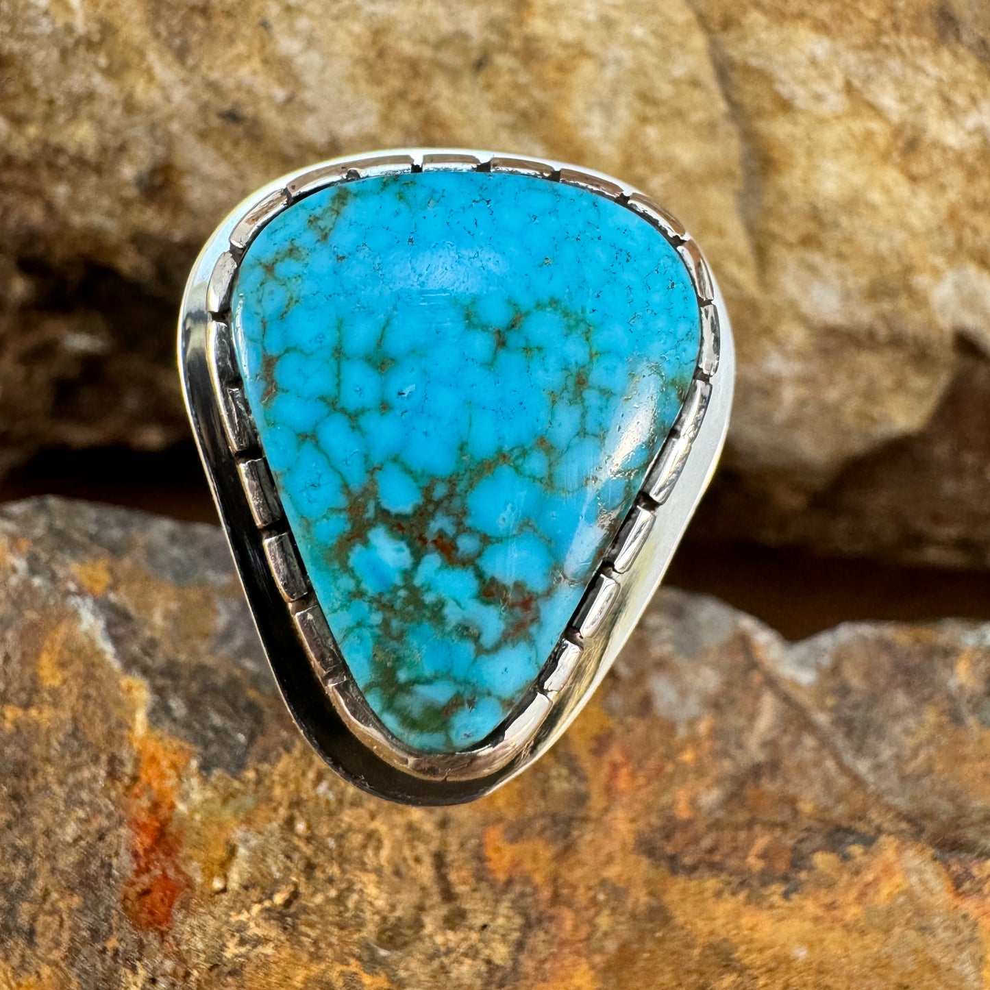 Sterling Silver Kingman Turquoise & Red Mediterranean Coral Ring by Wyatt Begaye