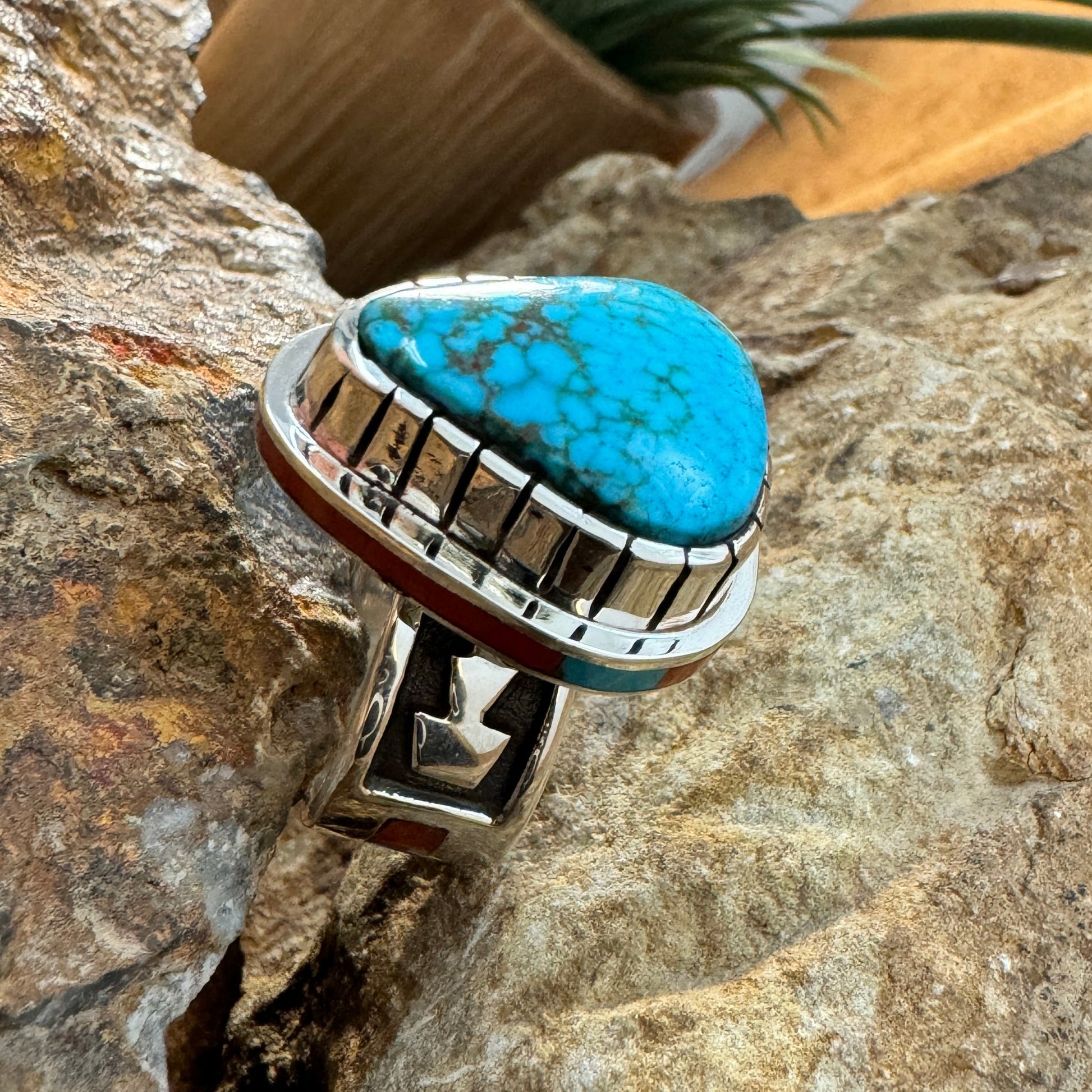 Sterling Silver Kingman Turquoise & Red Mediterranean Coral Ring by Wyatt Begaye