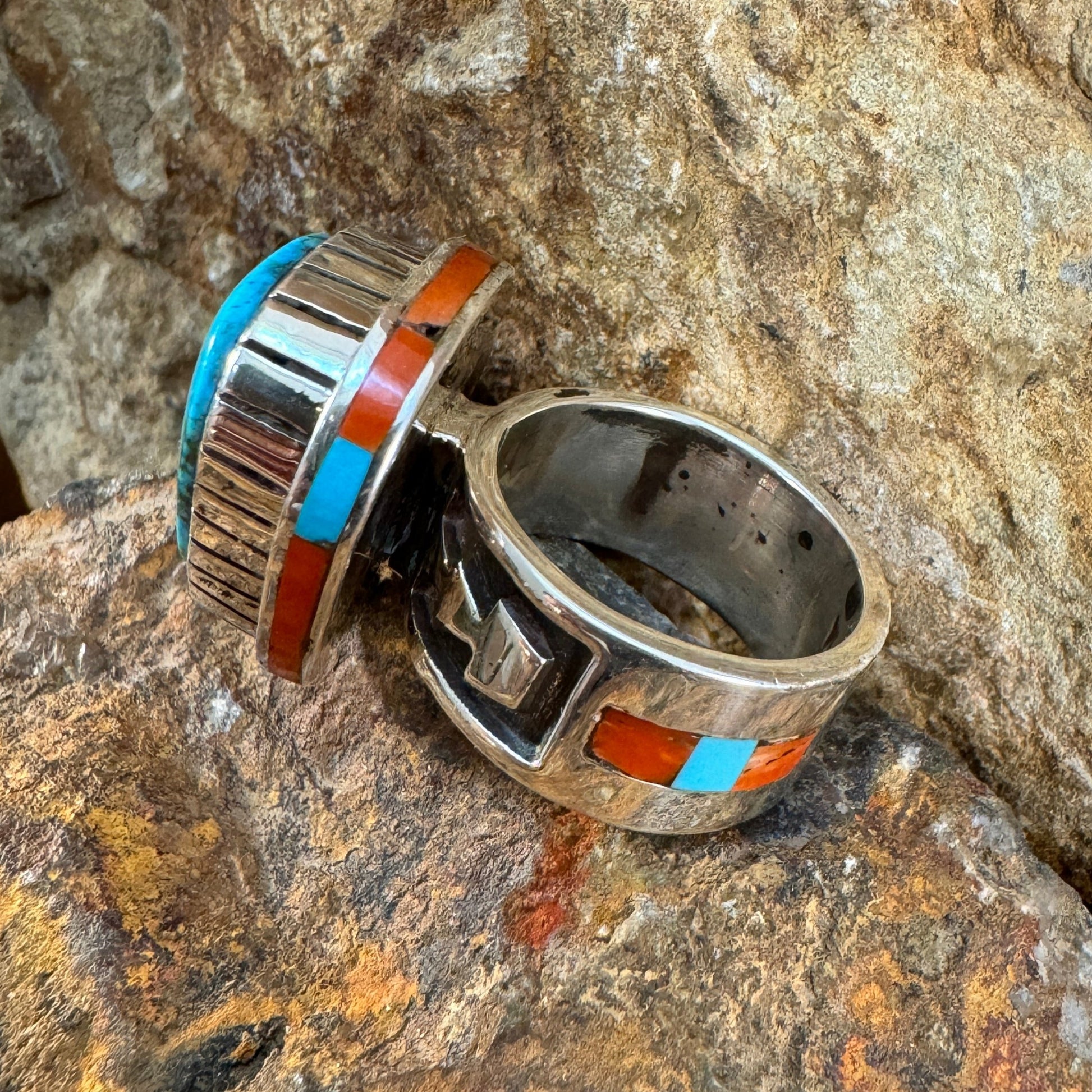 Sterling Silver Kingman Turquoise & Red Mediterranean Coral Ring by Wyatt Begaye