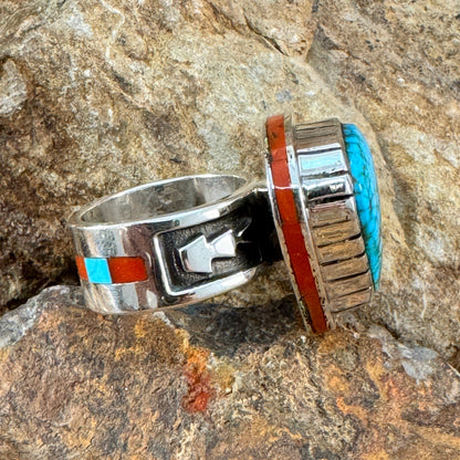 Sterling Silver Kingman Turquoise & Red Mediterranean Coral Ring by Wyatt Begaye