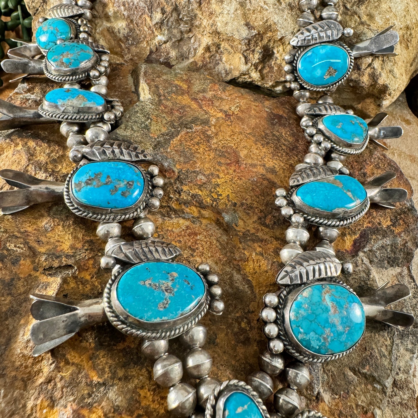 Vintage Navajo Turquoise Silver Squash Blossom Necklace -- Estate Jewelry