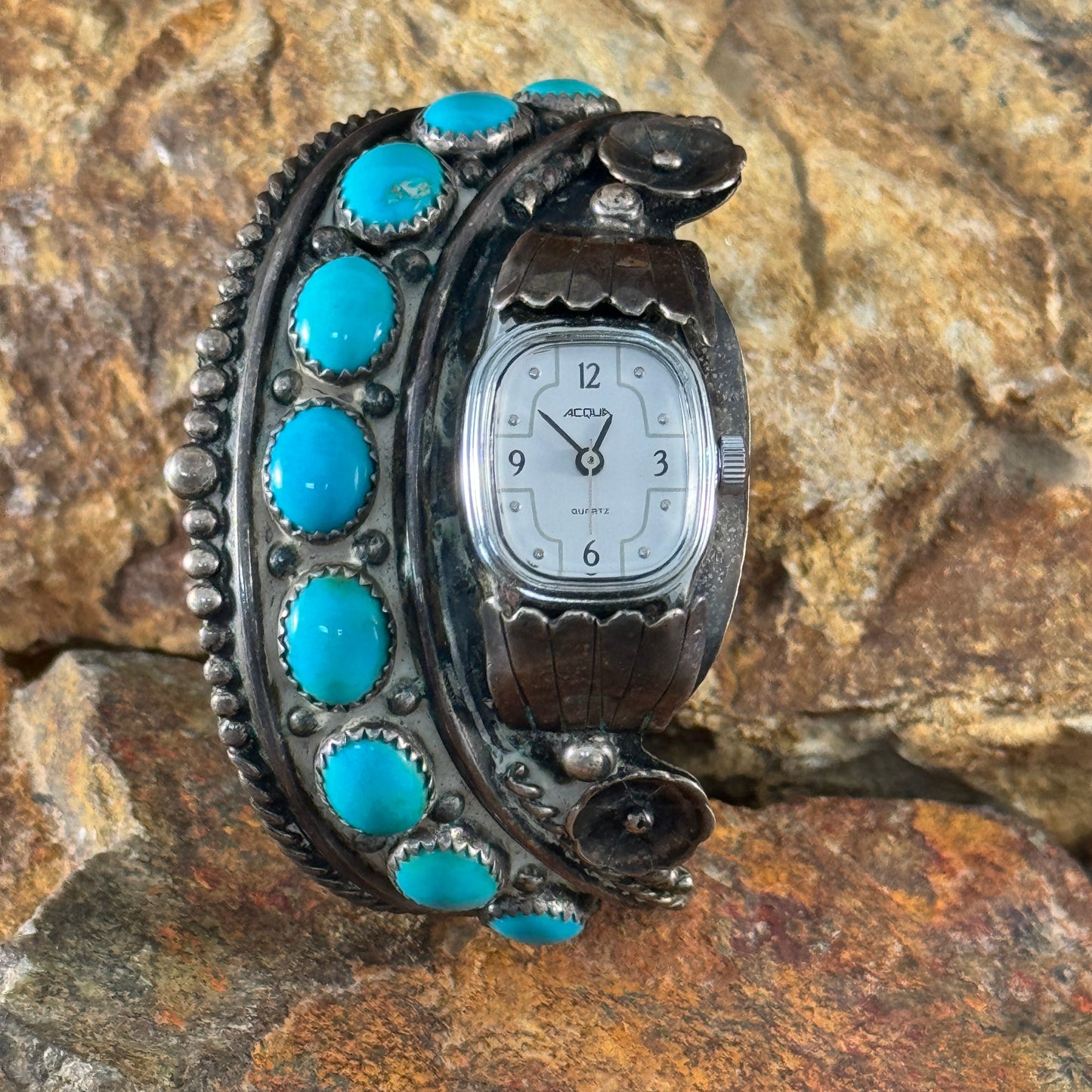 Vintage Turquoise Sterling Silver Bracelet Watch Cuff by Harvey Begay -- Estate Jewelry