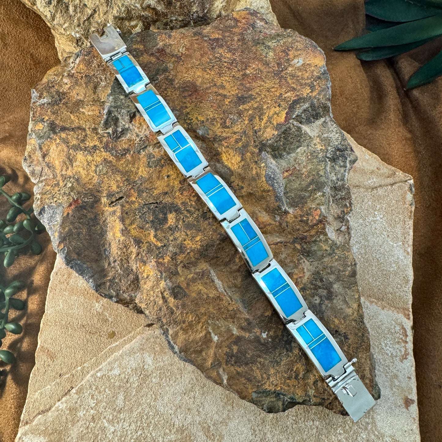 David Rosales Arizona Blue Inlaid Sterling Silver Link Bracelet