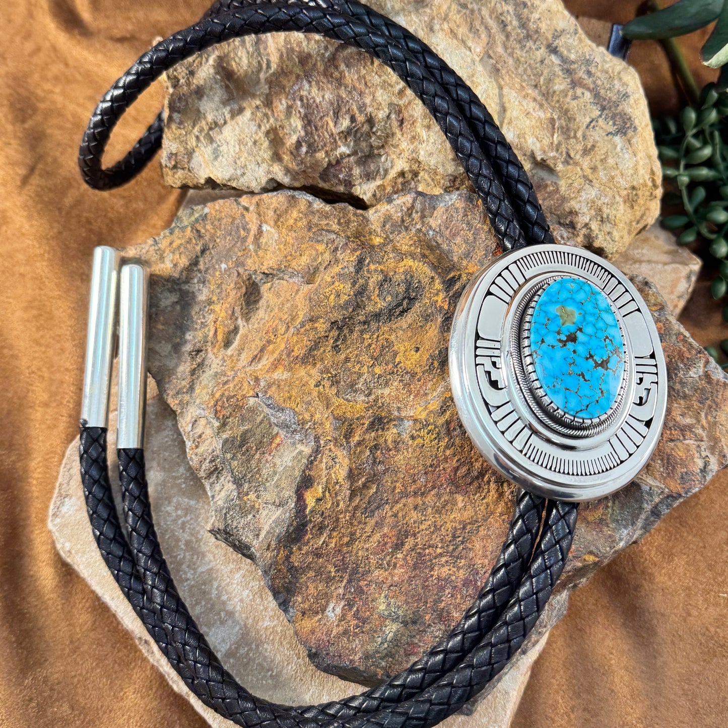 Water Web Kingman Turquoise Sterling Silver Leather Bolo Tie by Leonard Nez