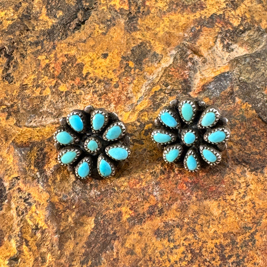 Vintage Zuni Turquoise Sterling Silver Earrings Clusters - Estate Jewelry