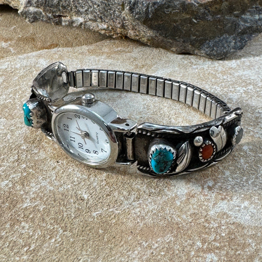 Vintage Navajo Turquoise and Coral Watch Bracelet - Estate