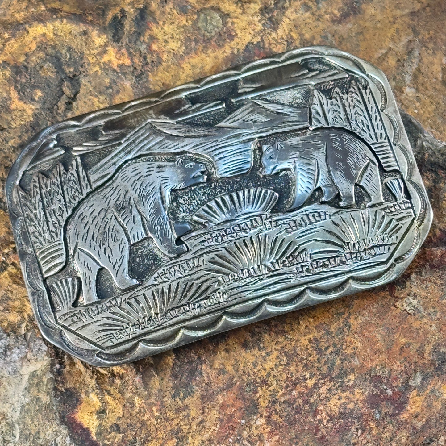 Vintage Handcrafted Silver Overlay Belt Buckle Featuring Bear Design - Estate