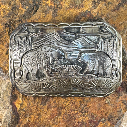 Vintage Handcrafted Silver Overlay Belt Buckle Featuring Bear Design - Estate