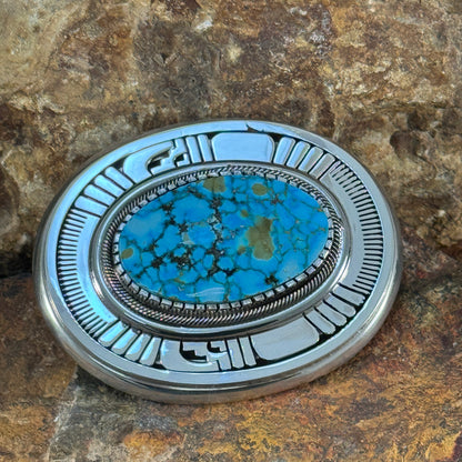 Water Web Kingman Turquoise Sterling Silver Belt Buckle by Leonard Nez