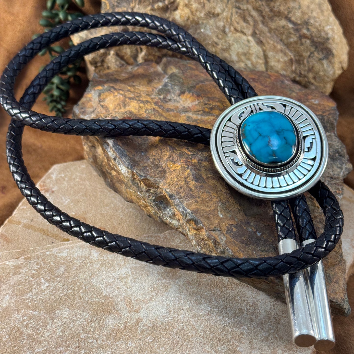 Nevada Blue Turquoise Sterling Silver Leather Bolo Tie by Leonard Nez