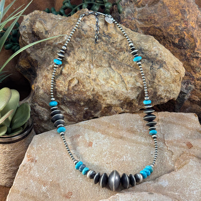 18" Rose Martin Navajo Silver and Turquoise Beaded Necklace