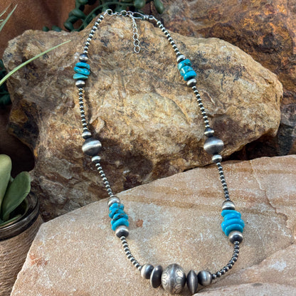 16" Rose Martin Navajo Silver and Turquoise Nugget Beads