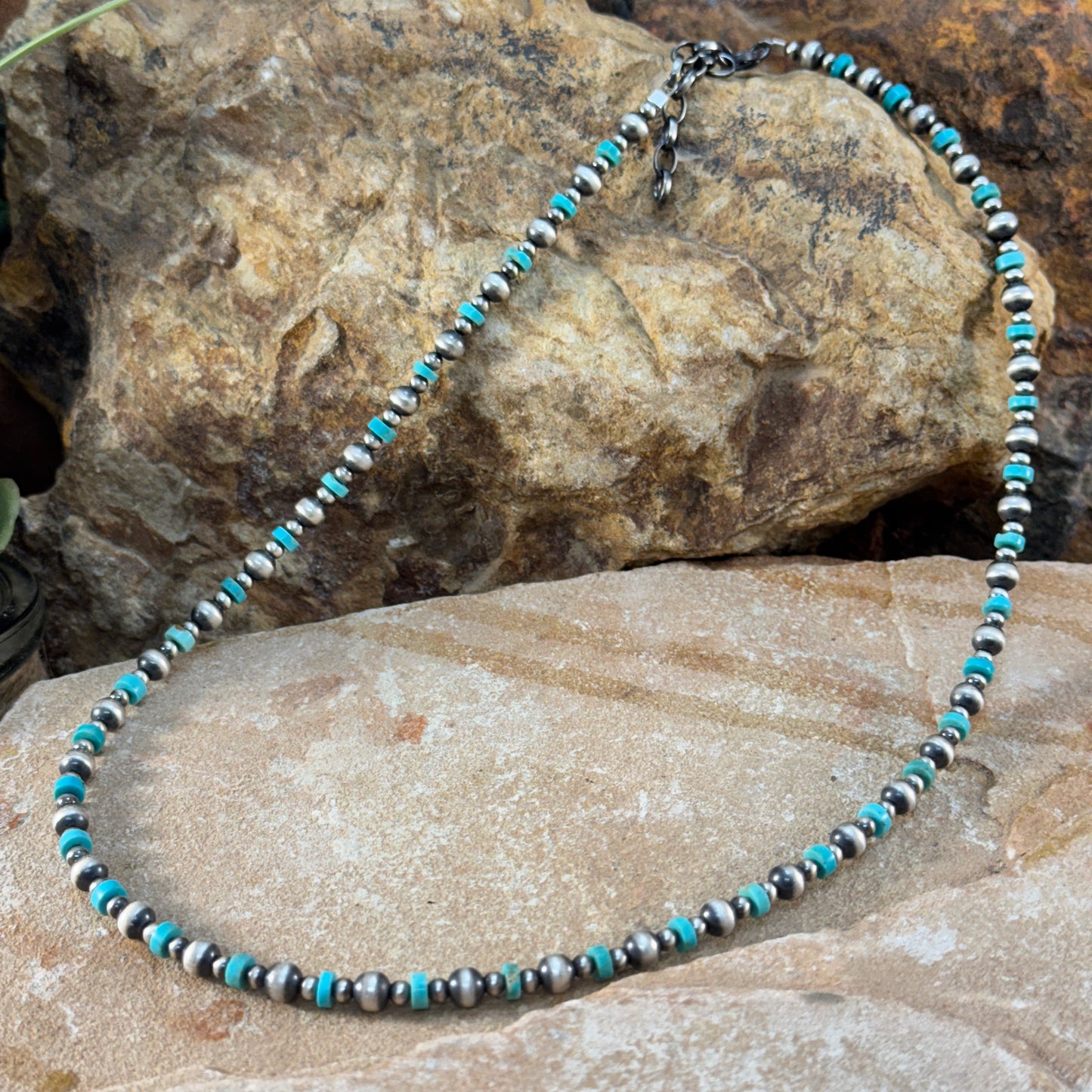 18" Navajo Turquoise and Silver Bead Necklace