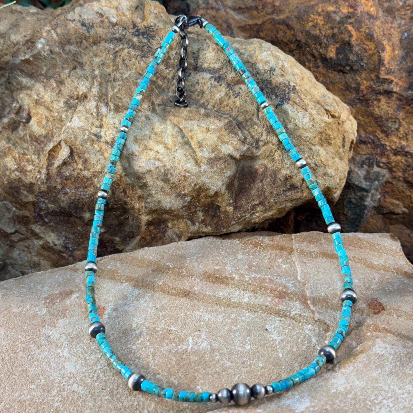 16" Navajo Turquoise and Silver Heishi Bead Necklace