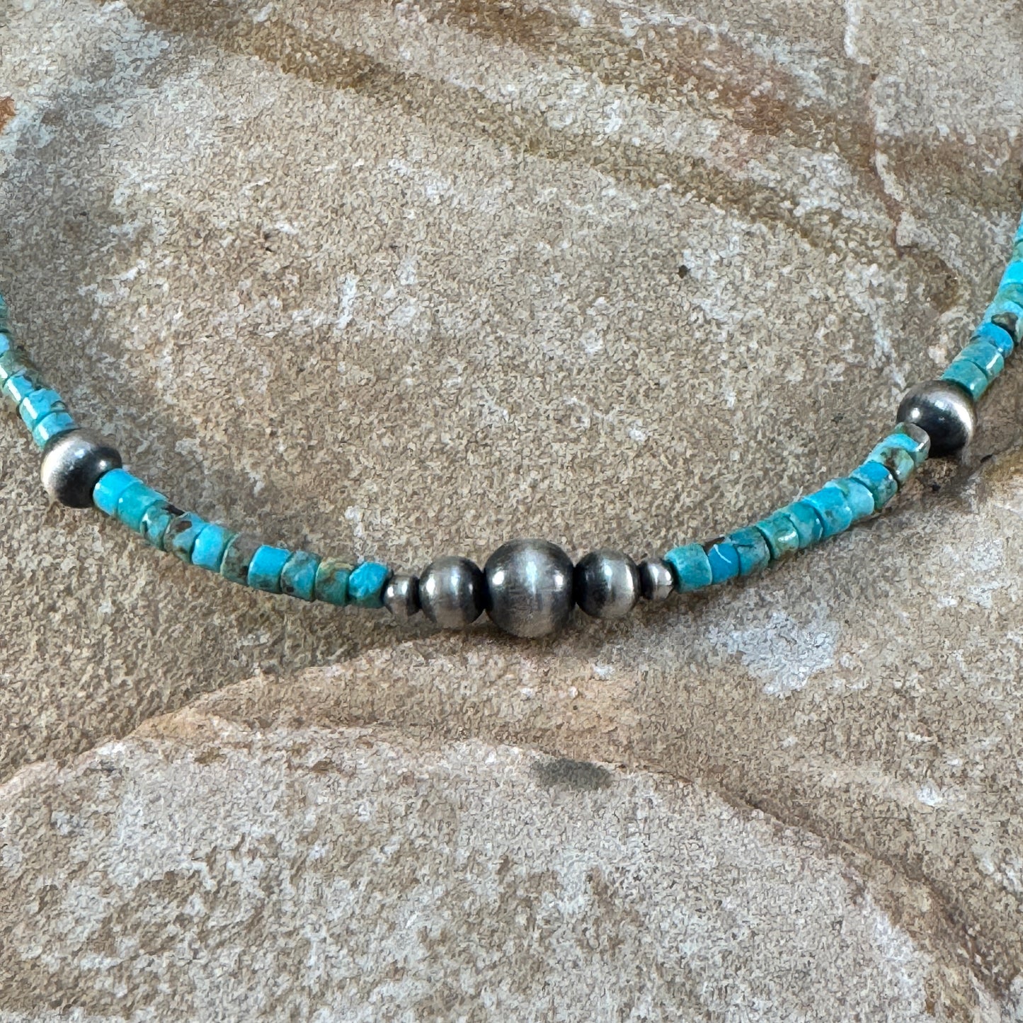 16" Navajo Turquoise and Silver Heishi Bead Necklace