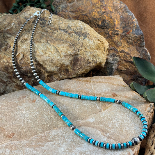 22" Turquoise Heishi and Sterling Silver Bead Necklace by Navajo Artists