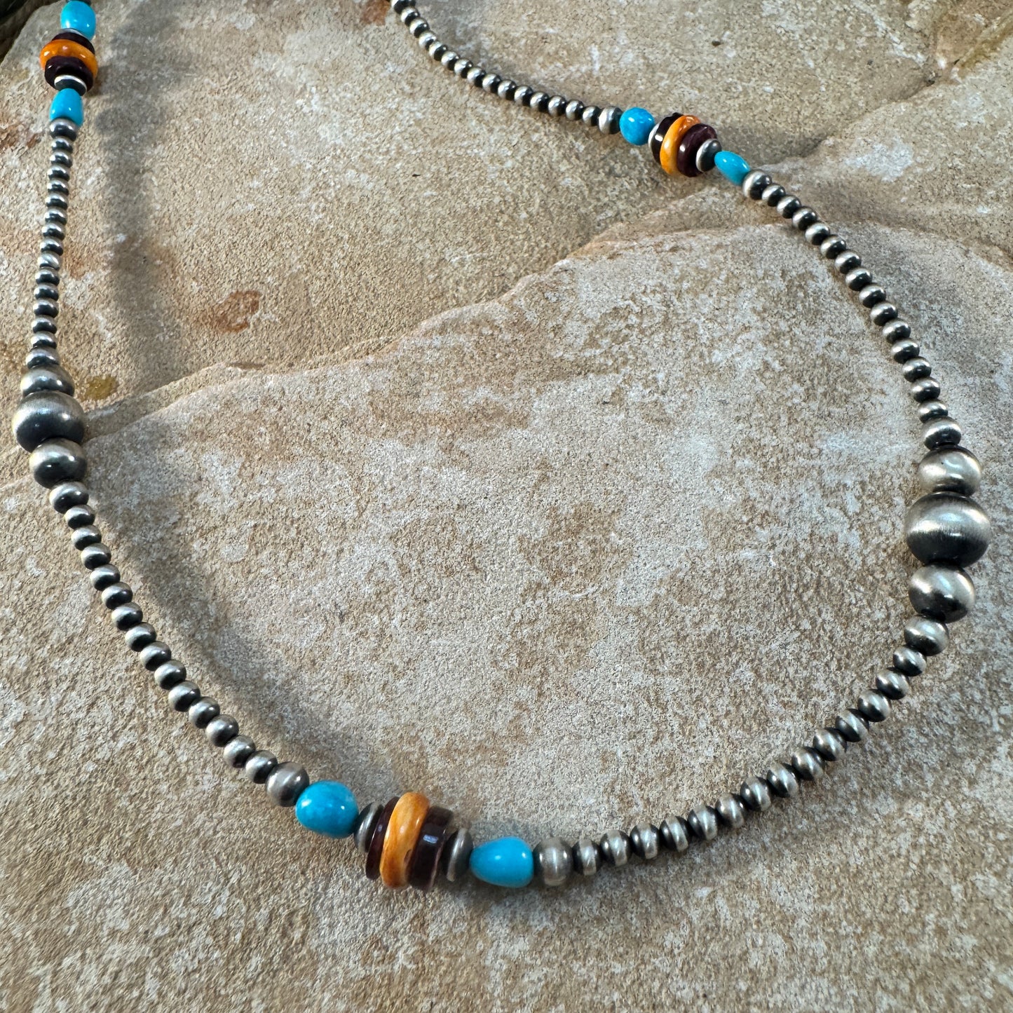 26" Sterling Silver and Spiny Oyster Bead Necklace by Navajo Artists