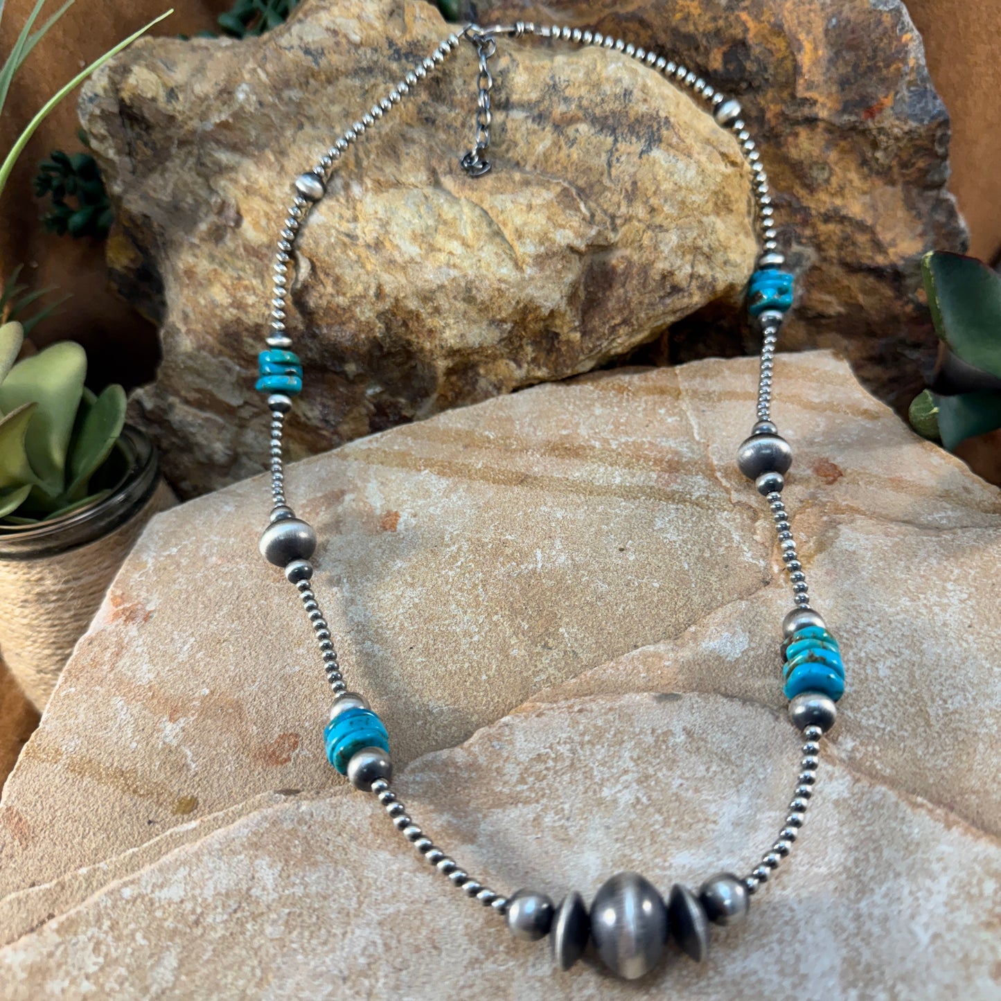 22" Turquoise and Sterling Silver Bead Necklace by Navajo Artists