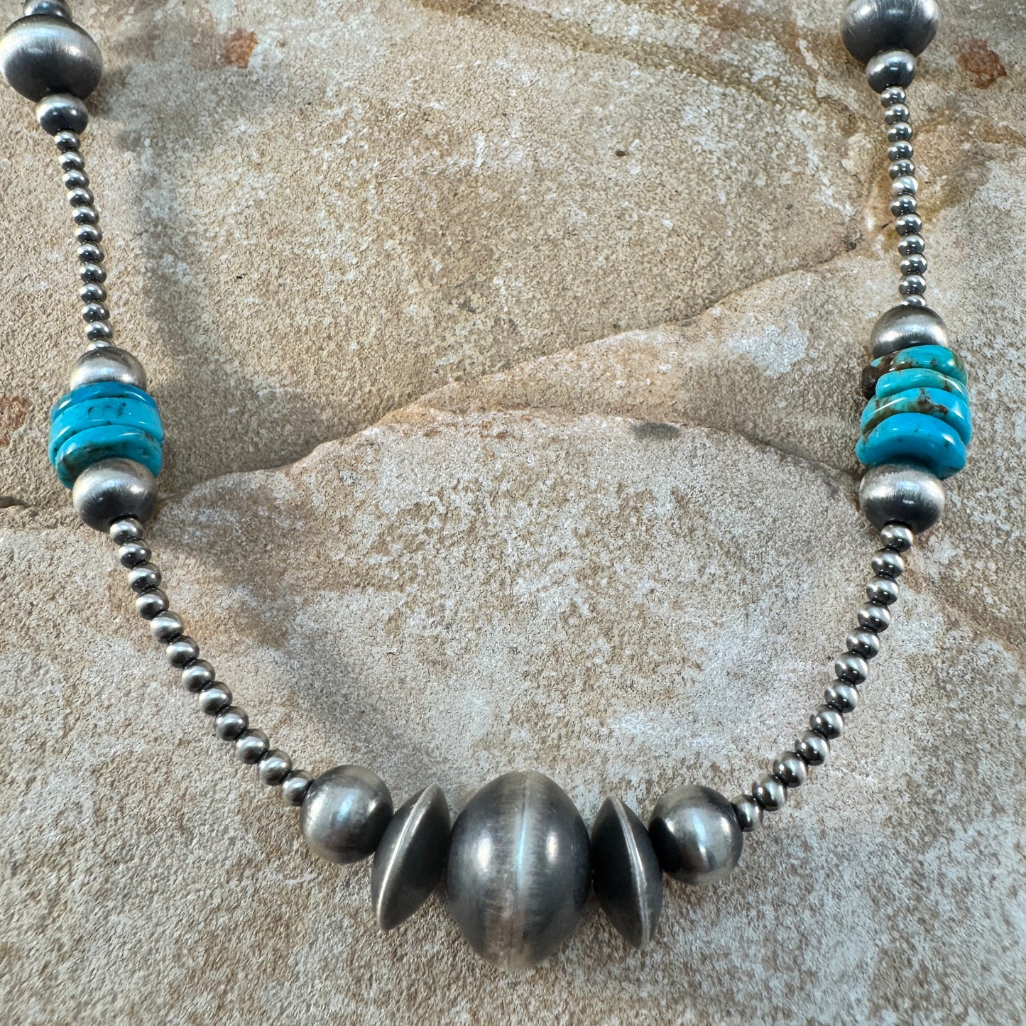 22" Turquoise and Sterling Silver Bead Necklace by Navajo Artists