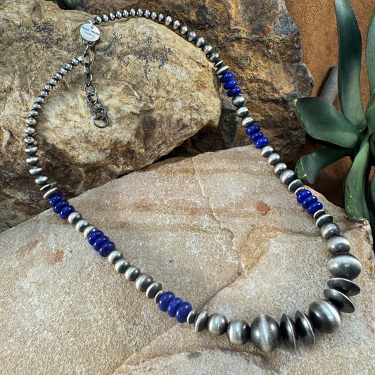 18" Rose Martin Silver and Lapis Beaded Necklace