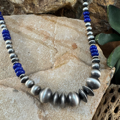 18" Rose Martin Silver and Lapis Beaded Necklace