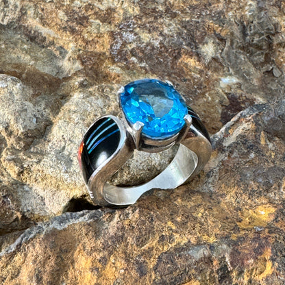 David Rosales Red Moon Inlaid Sterling Silver Ring w/ Blue Topaz