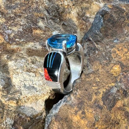 David Rosales Red Moon Inlaid Sterling Silver Ring w/ Blue Topaz