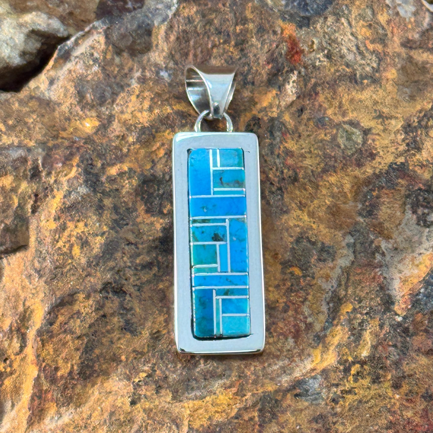 Sleeping Beauty & Kingman Turquoise Inlay Rectangle Pendant by Tommy Jackson