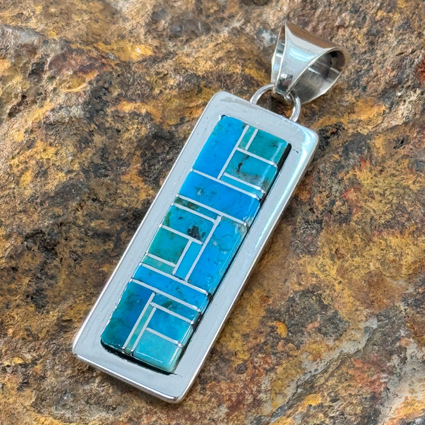 Sleeping Beauty & Kingman Turquoise Inlay Rectangle Pendant by Tommy Jackson