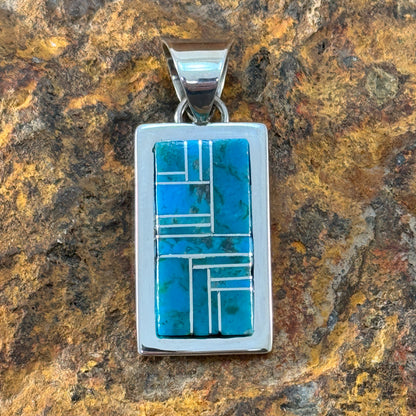 Sleeping Beauty & Kingman Turquoise Inlay Rectangle Pendant by Tommy Jackson