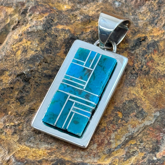 Sleeping Beauty & Kingman Turquoise Inlay Rectangle Pendant by Tommy Jackson