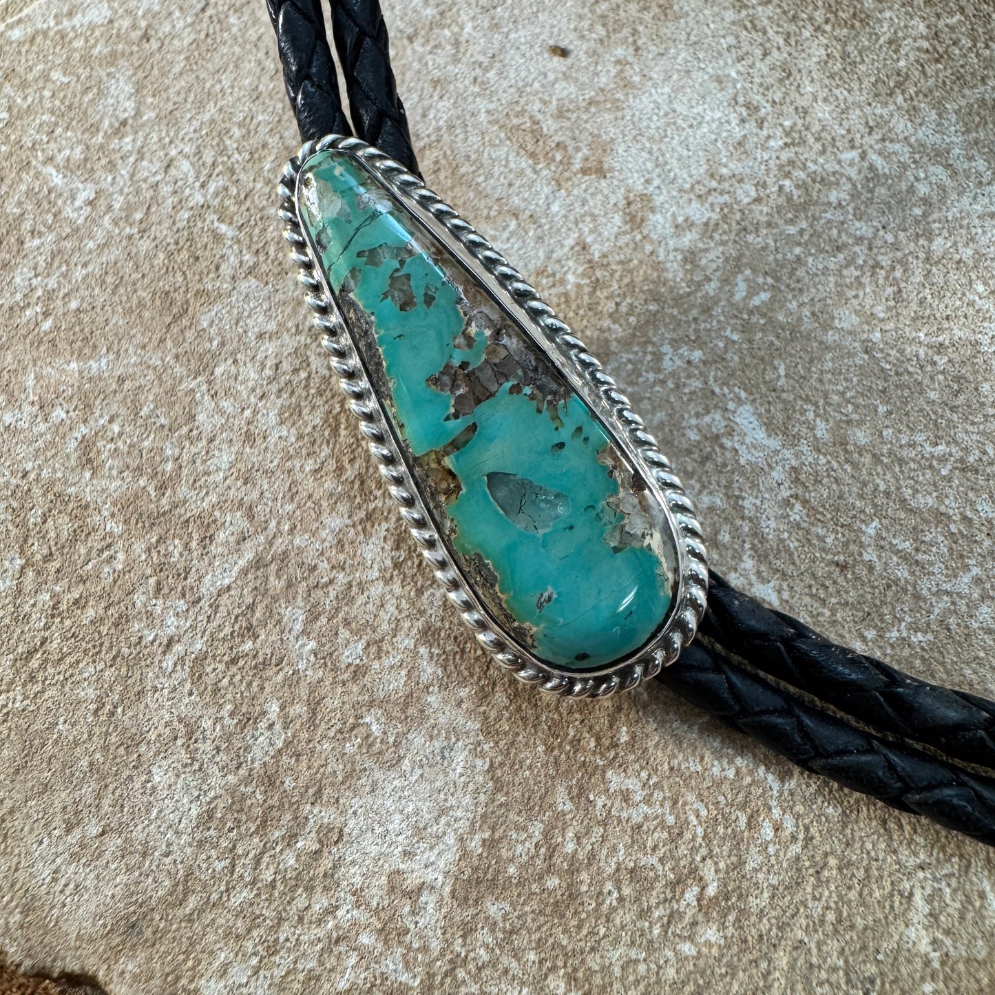 Royston Turquoise Sterling Silver Leather Bolo Tie by Billy Jaramillo