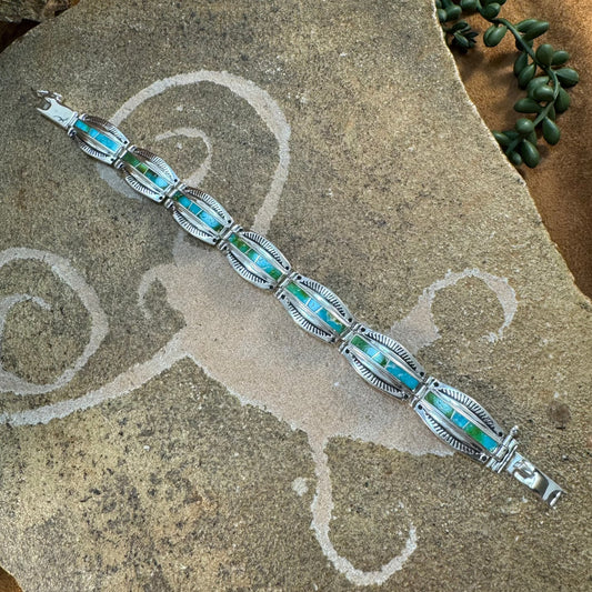 David Rosales Sonoran Gold Turquoise Inlaid Sterling Silver Link Bracelet